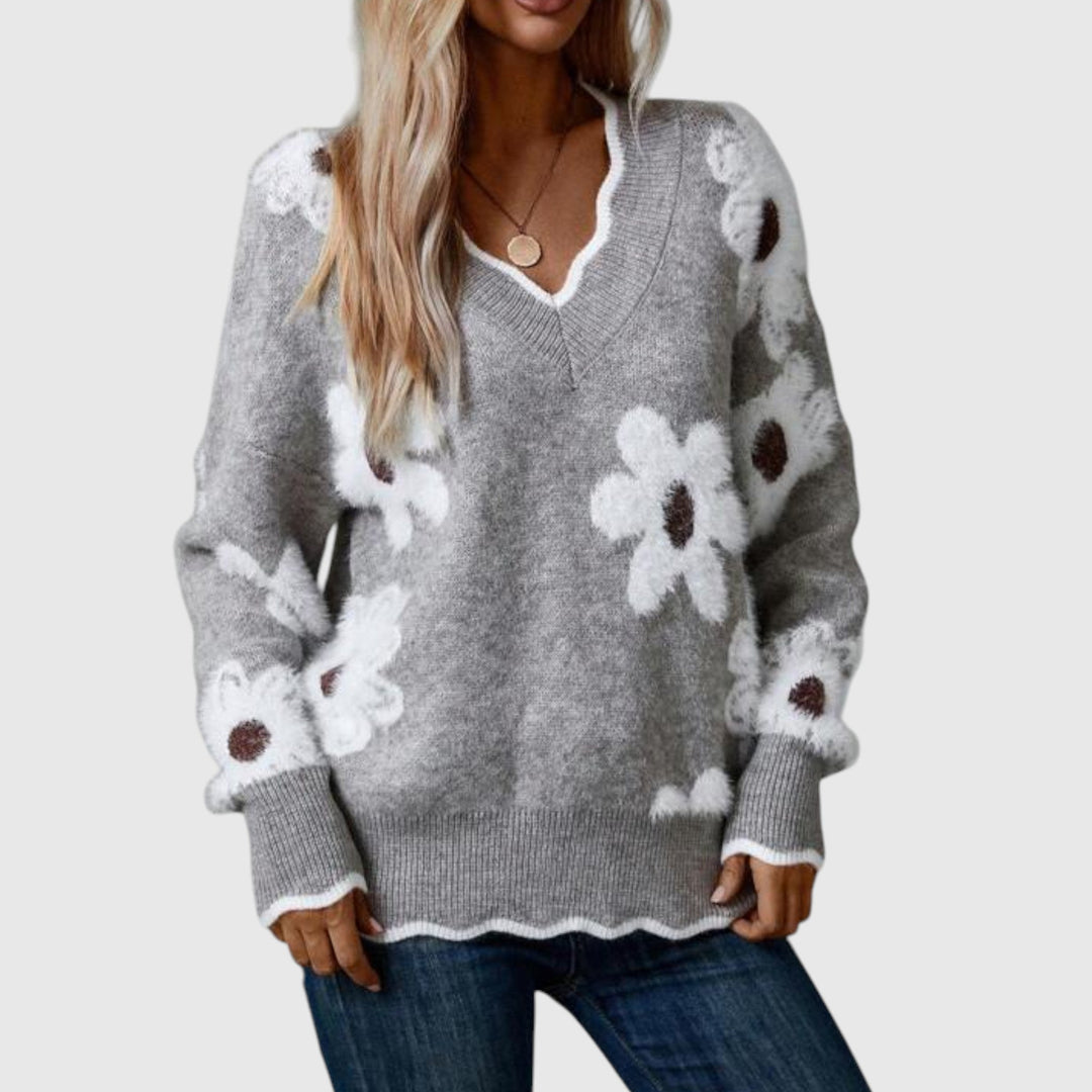 THEA - Elegáns V-nyakú pulóver virágmintával