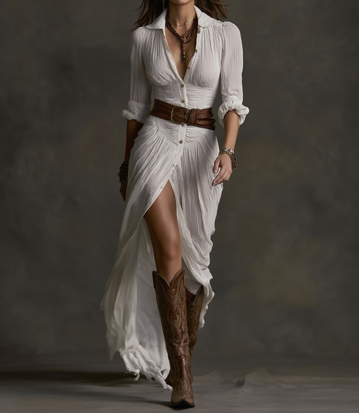 Aurora | Hosszú Vászonruha Fordított Gallérral