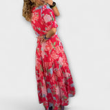 Catrisa - Virágmintás ruha V-nyakú kivágással és zsebekkel