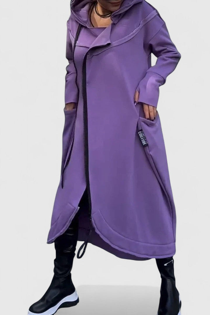 MARIE - Hosszú kabát kapucnival és cipzárral